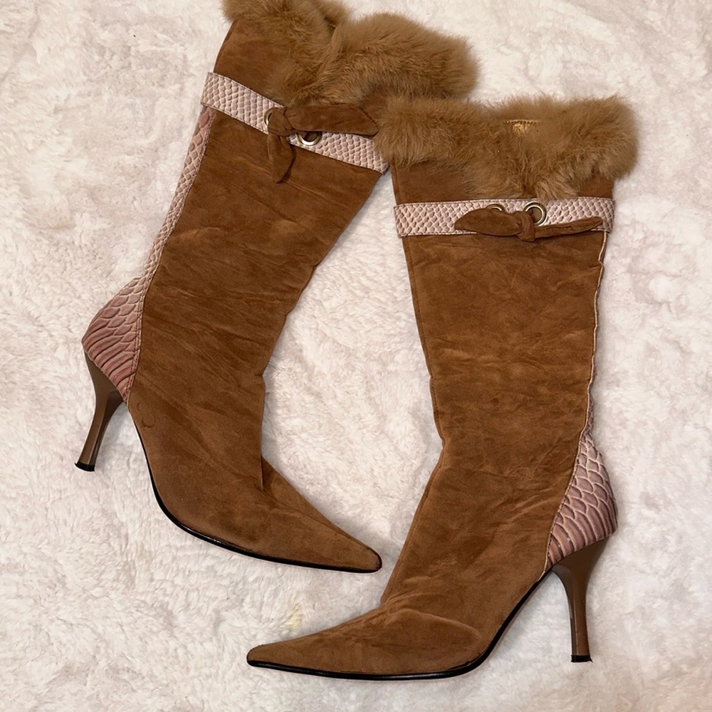 Suede Knee High Boots Tan  Faux Fur Detail High Heel Winter Boots size 8 1/2